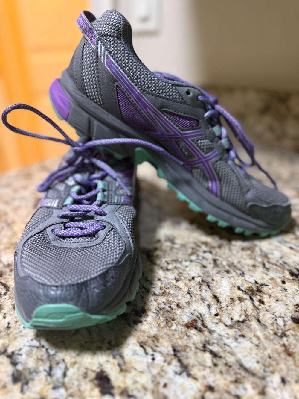 Asics Gray Trail Runners with Purple and Mint Accents